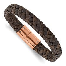 Braided brown leather and rose plated stainless steel bracelet